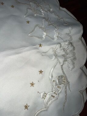 vintage embroidered Christmas Table linen tablecloth from grandmas gold & white